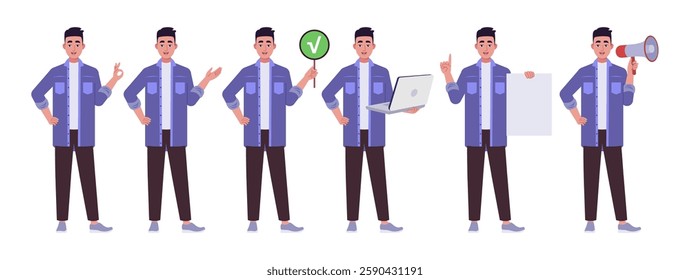 Collection of character with different gestures. Man is pointing with his hand, showing OK, holding a laptop, poster and sheet of paper. Vector collection in a flat style