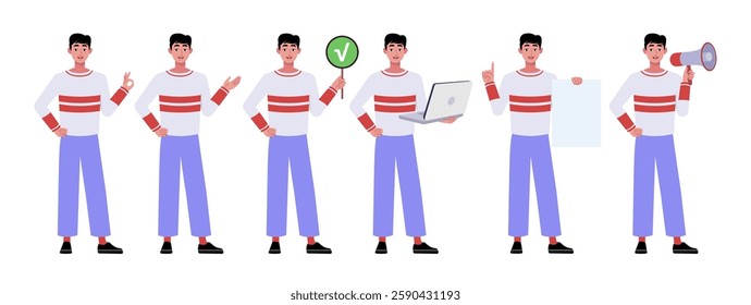 Collection of character with different gestures. Man is pointing with his hand, showing OK, holding a laptop, poster and sheet of paper. Vector collection in a flat style