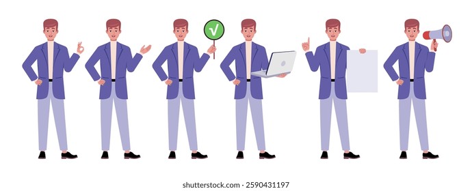 Collection of character with different gestures. Man is pointing with his hand, showing OK, holding a laptop, poster and sheet of paper. Vector collection in a flat style