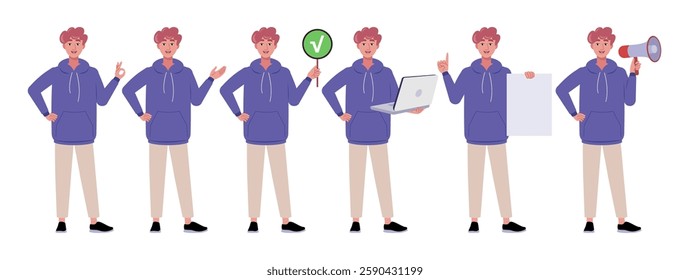 Collection of character with different gestures. Man is pointing with his hand, showing OK, holding a laptop, poster and sheet of paper. Vector collection in a flat style