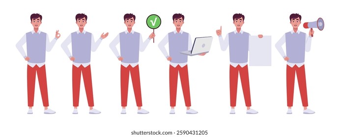 Collection of character with different gestures. Man is pointing with his hand, showing OK, holding a laptop, poster and sheet of paper. Vector collection in a flat style