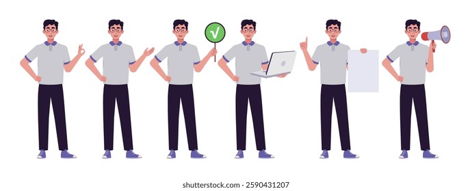 Collection of character with different gestures. Man is pointing with his hand, showing OK, holding a laptop, poster and sheet of paper. Vector collection in a flat style