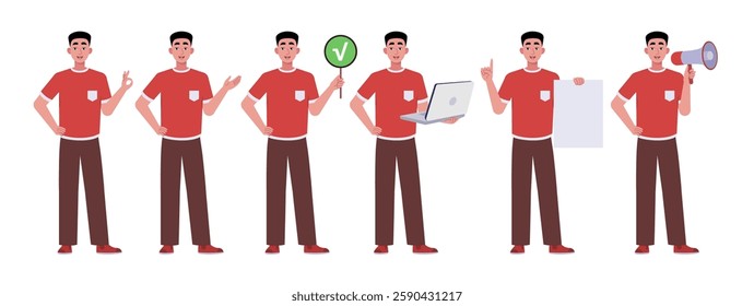 Collection of character with different gestures. Man is pointing with his hand, showing OK, holding a laptop, poster and sheet of paper. Vector collection in a flat style