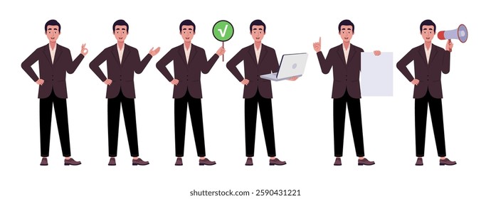 Collection of character with different gestures. Man is pointing with his hand, showing OK, holding a laptop, poster and sheet of paper. Vector collection in a flat style