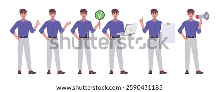 Collection of character with different gestures. Man is pointing with his hand, showing OK, holding a laptop, poster and sheet of paper. Vector collection in a flat style