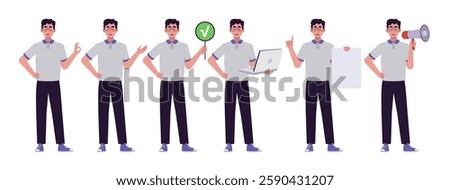 Collection of character with different gestures. Man is pointing with his hand, showing OK, holding a laptop, poster and sheet of paper. Vector collection in a flat style