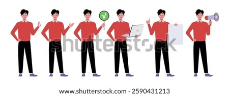 Collection of character with different gestures. Man is pointing with his hand, showing OK, holding a laptop, poster and sheet of paper. Vector collection in a flat style