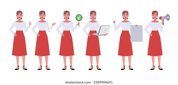 Collection of character with different gestures. Woman is pointing with her hand, showing OK, holding a laptop, poster and sheet of paper. Vector collection in a flat style