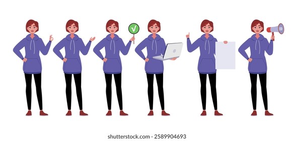 Collection of character with different gestures. Woman is pointing with her hand, showing OK, holding a laptop, poster and sheet of paper. Vector collection in a flat style