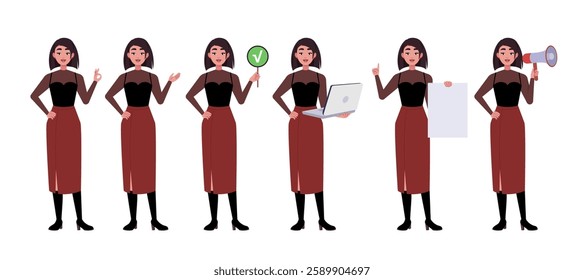 Collection of character with different gestures. Woman is pointing with her hand, showing OK, holding a laptop, poster and sheet of paper. Vector collection in a flat style