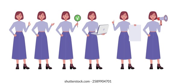 Collection of character with different gestures. Woman is pointing with her hand, showing OK, holding a laptop, poster and sheet of paper. Vector collection in a flat style