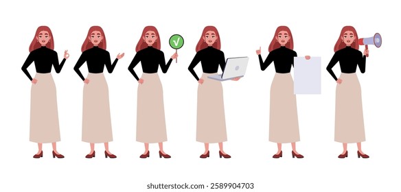 Collection of character with different gestures. Woman is pointing with her hand, showing OK, holding a laptop, poster and sheet of paper. Vector collection in a flat style
