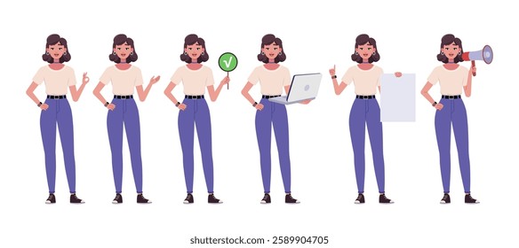 Collection of character with different gestures. Woman is pointing with her hand, showing OK, holding a laptop, poster and sheet of paper. Vector collection in a flat style