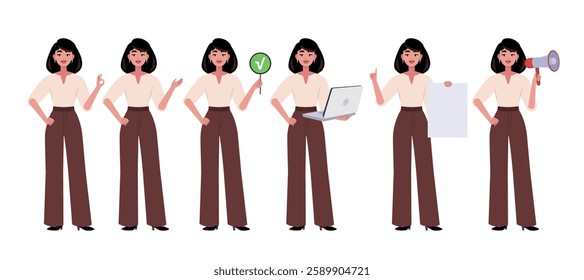 Collection of character with different gestures. Woman is pointing with her hand, showing OK, holding a laptop, poster and sheet of paper. Vector collection in a flat style