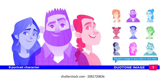 Collection character portraits people, Avatars. Image person in style duotone. A set of user faces for a web forum or account. Colorful Icons of men and women.
