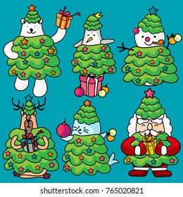 Collection character of Santa Claus cartoon has many friends such as bear, reindeer, snow man, penguin and seals. for vector