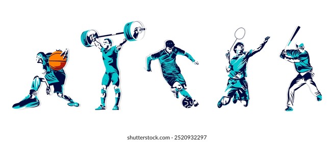 A collection of characters from basketball, weightlifting, soccer, badminton and base ball athletes. Design elements with a sports concept, celebrating national sports day. Sports athlete silhouette