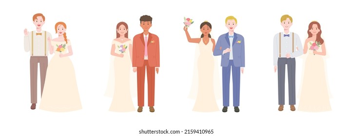 Collection of characters of the bride and groom of different races in wedding dresses. flat design style vector illustration.