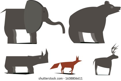The collection of characters consists of several animals. Among them are a bear, an elephant, a rhino, a deer and a red fox.