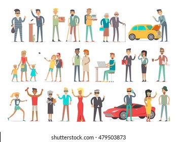 Collection of characters of different social level. People society concept. Rich and poor, successful and unfortunate, young and od, teenagers and aduts. Students and businessmen. Vector in flat style