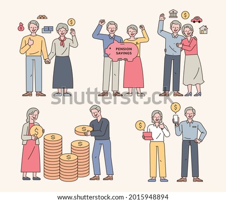 A collection of characters of an elderly couple who manage wealth for old age. outline simple vector illustration.