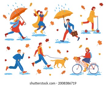 Collection of characters of flat people walking on an autumn day. Autumn outdoor. People in the park walk with a dog, ride a bicycle and scooter, jump through puddles, run.