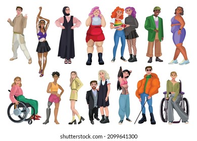 Collection of characters with health features. Persons with disabilities and people of different social groups.