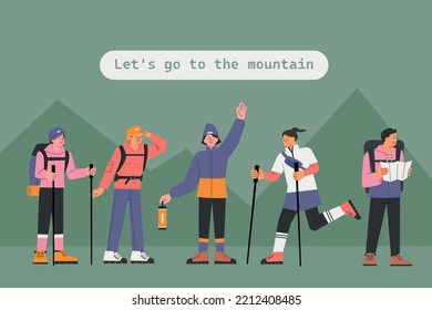Collection of characters in mountaineering clothes. flat vector illustration.
