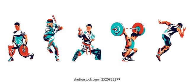 a collection of characters from national championship sports athletes, pencak silat, weightlifters, runners and base ball players. Abstract silhouette style isolated white background. Sports Day