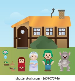 A collection of characters and objects for retelling the story of the little red riding hood. 