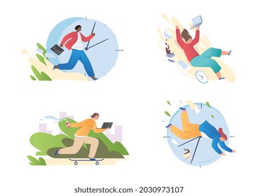 Colección de caracteres que se apresuran a trabajar. Día de trabajo loco para hombres y mujeres. Los empleados corren a la oficina y tienen tiempo para entregar el proyecto. Dibujo de un vector plano moderno aislado sobre fondo blanco