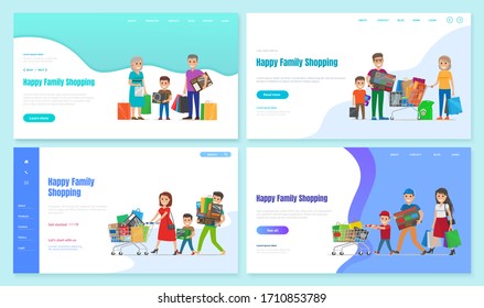 Collection of characters with shopping trolley. Personages with bought products from shops and stores. Mother and father with kids, son or daughter. Website or webpage template, landing page vector