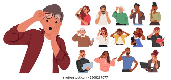 Collection Of Characters Showcasing Expressions Of Surprise And Shock In Different Scenarios. Cartoon Persons Demonstrate Various Ways To React With Surprised Reactions In The Unexpected Situations