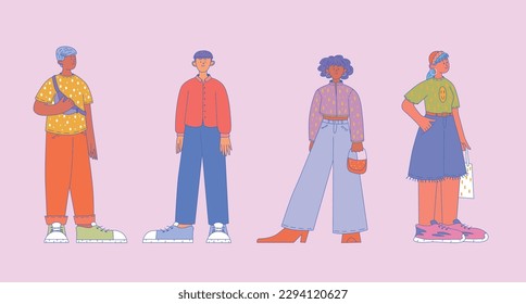 Collection of characters in a standing pose. Men and women in different fashionable outfits. People with calm state in full growth. Modern vector flat illustration.