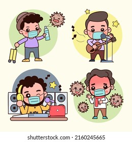 Collection of characters from various Occupation. Young man working in traveler, singer, DJ and pantient with protection mask in cartoon style, hand drawn,  vector design illustrations.