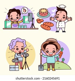 Colección de caracteres de diversas ocupaciones. Joven trabajando en chef, granjero, fotógrafo y blogger, profesiones en estilo de dibujos animados, dibujos a mano, ilustraciones de diseño vectorial.