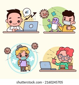 Collection of characters from various Occupation. Young man working in broker, doctor, traveler and freelance professions in cartoon style, hand drawn,  vector design illustrations.