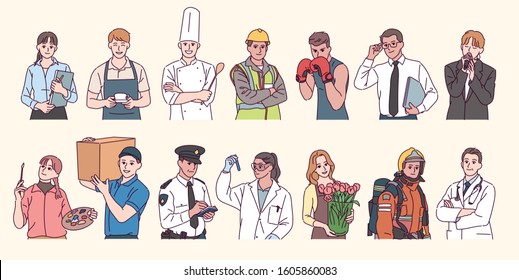 Collection of characters from various professions. hand drawn style vector design illustrations. 