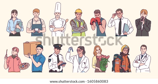 Collection of characters from\
various professions. hand drawn style vector design illustrations.\
