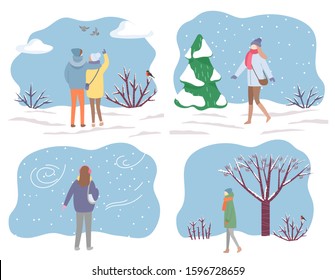 Collection of characters wearing warm clothes walking in winter park. Set of personages strolling through snow falls and snowstorms. Man and woman on date pointing on flying birds, vector in flat