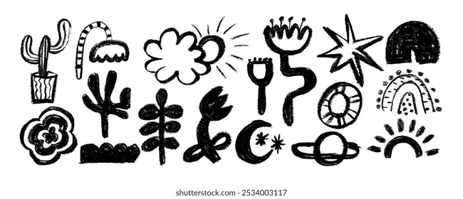 Collection charcoal doodle elements like stars, flowers, cactus,  crescent moon and  planet. Hand drawn pencil squiggles and speckles, creative abstract doodle style elements isolated on white.