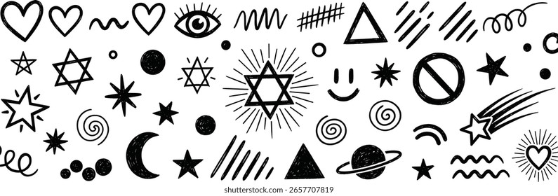 Coleção carvão doodle elementos como estrelas, planetas, corações, lua crescente e sorriso. Rabiscos de lápis desenhados à mão.
