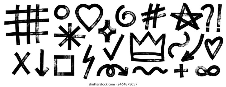 Collection of charcoal graffiti doodle punk and girly shapes. Bold marker brush drawn various doodle elements for templates and collages. Punk and grunge style.