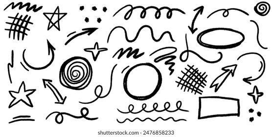 Collection of charcoal graffiti doodle shapes. Hand drawn set of abstract scribbles and squiggles, creative various shapes, pencil drawn icons. Scribbles, scrawls, stars, arrows, curly lines.