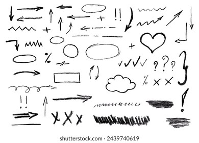 Collection charcoal lines. Set of different doodle elements, heart, cloud, arrows. Brushes for underline note. Vector set