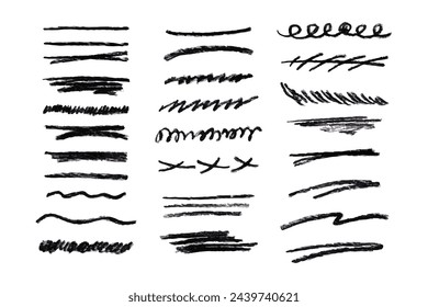 Líneas de carbón de colección. Conjunto de diferentes elementos doodle. Pinceles para nota de subrayado. Conjunto de vectores