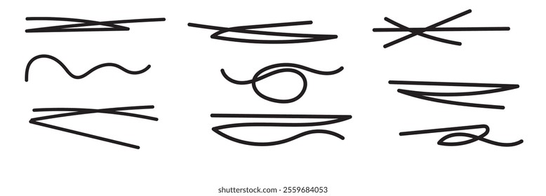Collection charcoal strikethrough lines and thin ovals. Set of different doodle underlines, rough round shapes. Horizontal hand drawn marker stripes, scribble brush strokes. Pencil or pen drawn lines.