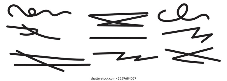 Collection charcoal strikethrough lines and thin ovals. Set of different doodle underlines, rough round shapes. Horizontal hand drawn marker stripes, scribble brush strokes. Pencil or pen drawn lines.