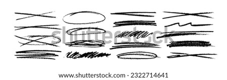 Collection charcoal strikethrough lines and thin ovals. Set of different doodle underlines, rough round shapes. Horizontal hand drawn marker stripes, scribble brush strokes. Pencil or pen drawn lines.