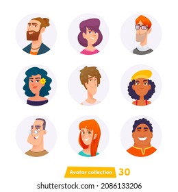 Collection of charismatic cartoon avatars. Vector isolated heads of men and women characters. Adults, young people.